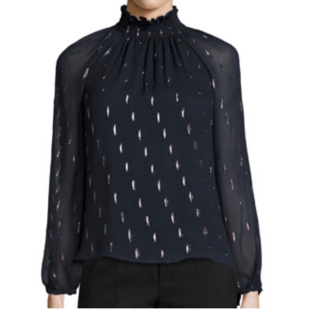 Rebecca Taylor Silk Metallic Chiffon long Sleeve Top Size 2 Navy Blue